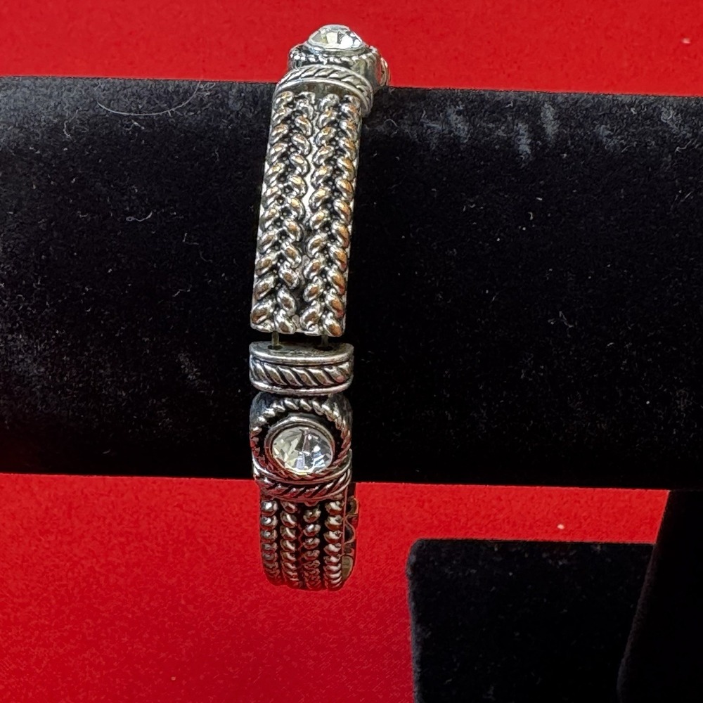 Silver Tone Elastic Braided Bracelet With Faux Diamonds‎